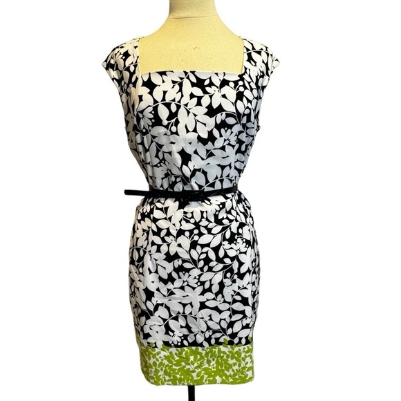 London Times Dresses & Skirts - London Times Black White Green Square Neck belted floral leaves Sheath Dress 12